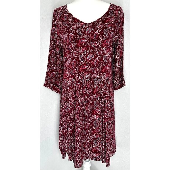 Garnet Hill Shirt Dress Women 10 Burgundy Paisley Knee Length 3/4 Sleeve Pockets - Picture 1 of 11